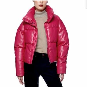Vegan Leather Puffer Jacket Fusha